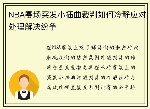 NBA赛场突发小插曲裁判如何冷静应对处理解决纷争