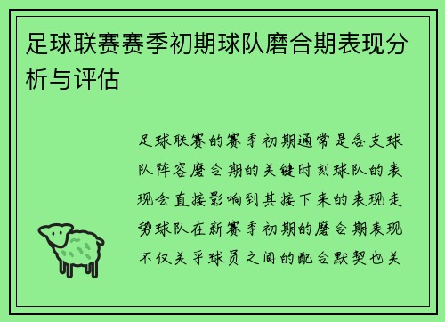 足球联赛赛季初期球队磨合期表现分析与评估