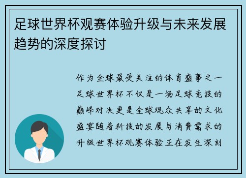 足球世界杯观赛体验升级与未来发展趋势的深度探讨