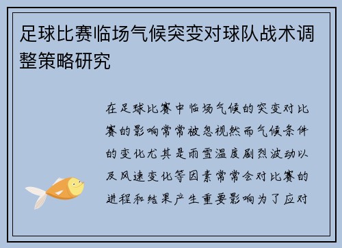 足球比赛临场气候突变对球队战术调整策略研究